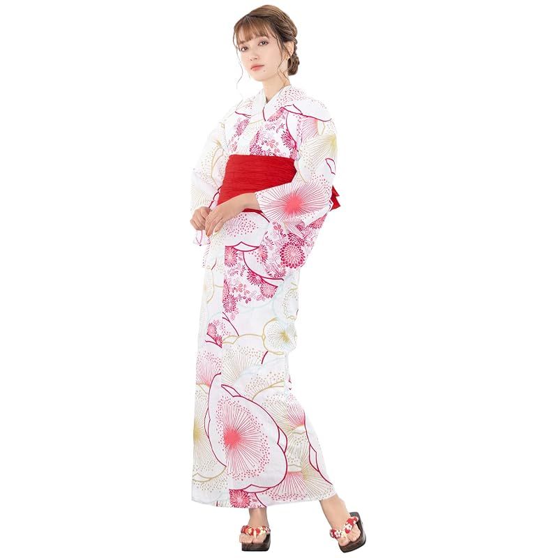 【新品】 [KYOETSU] [キョウエツ] 浴衣セット 変わり織 6点セット(浴衣、兵児帯、肌着、下駄、腰紐×2) レトロ C レディース (5.江戸梅重ね)