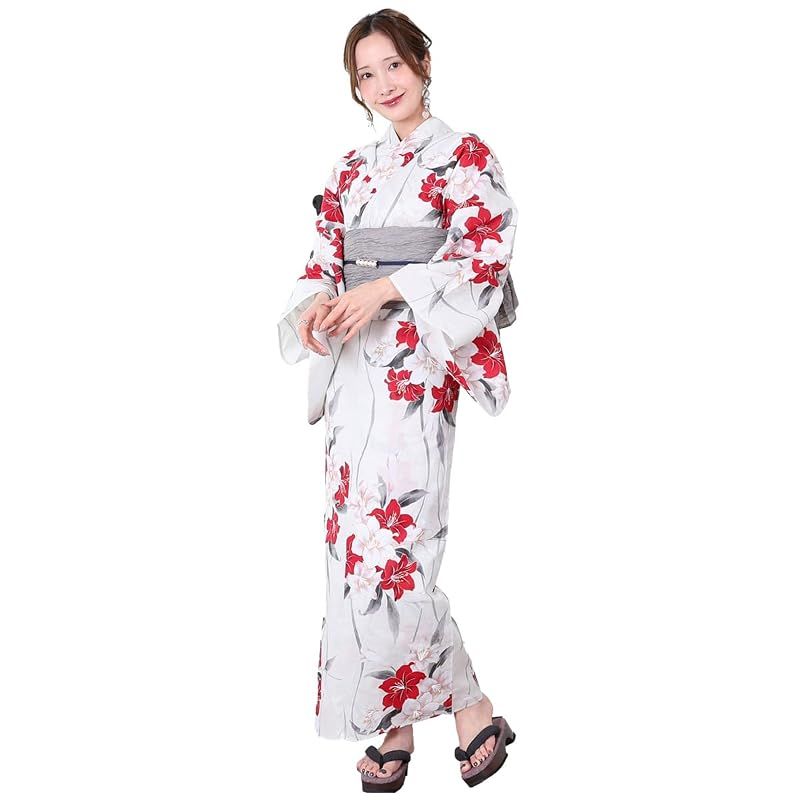 【新品】 [京都きもの友禅] 浴衣 レディース 2点セット (綿100% 浴衣・兵児帯) 夏祭り 花火大会 ホワイト 花柄 ゆり 百合 フリーサイズ ゆかた 夏 着物 女性