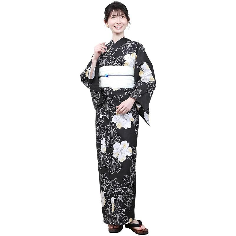 【新品】 [京都きもの友禅] 浴衣 レディース 兵児帯 2点セット モダン レトロ 綿 夏 着物 ハイビスカス(ブラック)