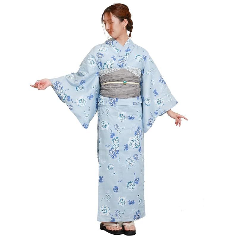 【新品】 [京都きもの友禅] 浴衣 レディース セット 兵児帯 2点セット 花柄 ゆかた 夏着物 綿紅梅 (水色)