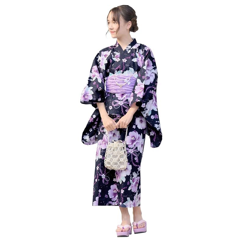 【新品】 [アリサナ] 浴衣 ２Way こども 女の子 セパレート 子供 120 130 140 150 160 (上衣・ワンピース・兵児帯の3点セット) 水彩ツバキネイビー 150cm