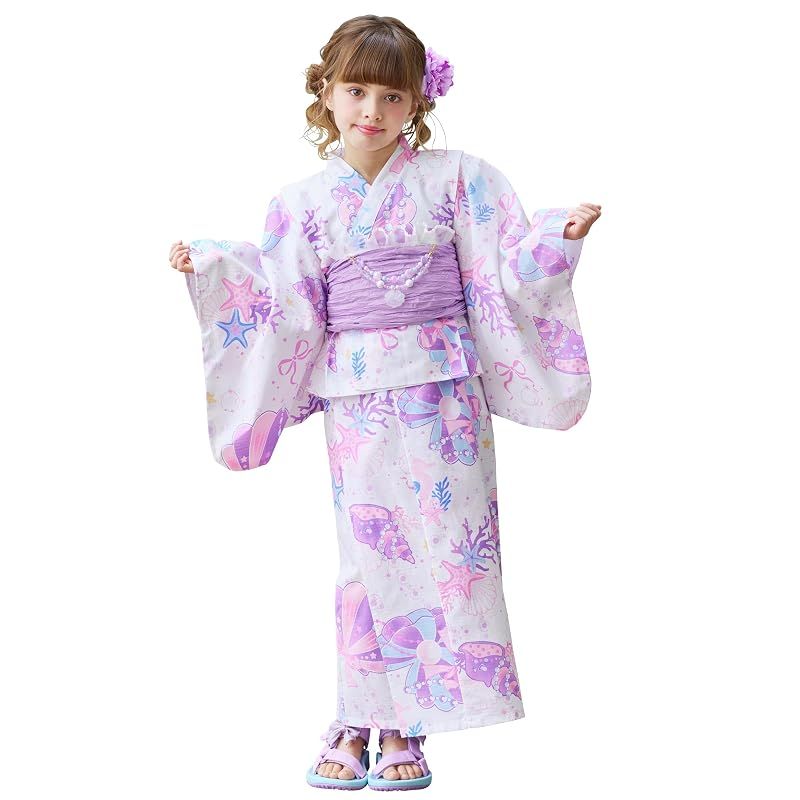 【新品】 [アリサナ] 浴衣 ２Way こども 女の子 セパレート 子供 120 130 140 150 160 (上衣・ワンピース・兵児帯の3点セット) 貝がらホワイト 160cm