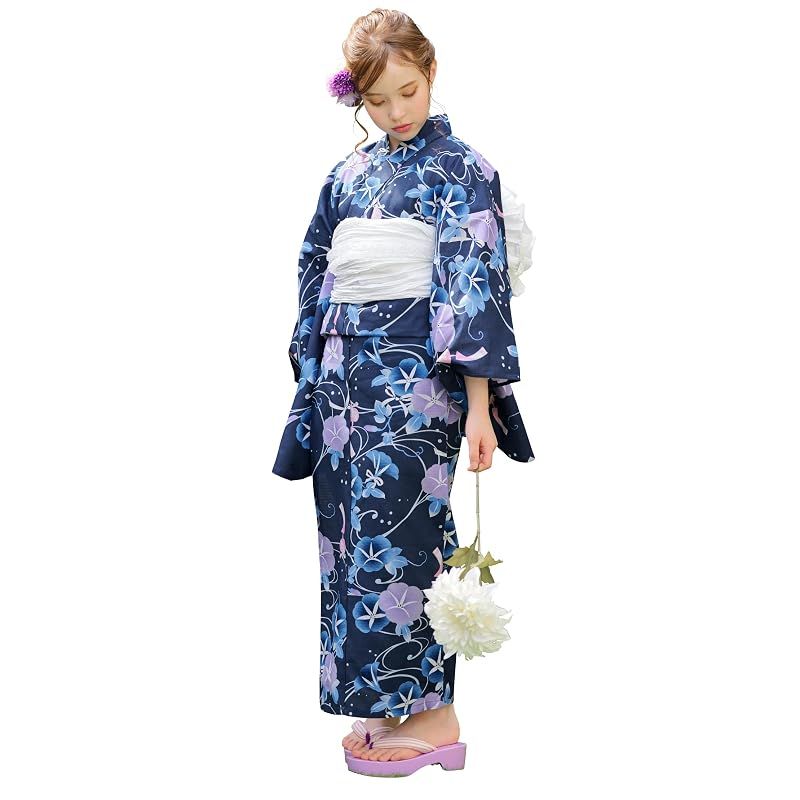 【新品】 [アリサナ] 浴衣 こども 女の子 子供 (浴衣+腰紐+帯の4点セット) 朝顔ネイビー 140cm
