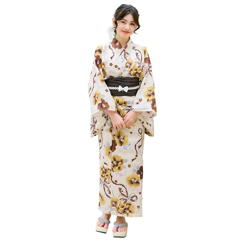 【新品】 [アリサナ] 浴衣 こども 女の子 子供 (浴衣+腰紐+帯の4点セット) 水彩ツバキベージュ 150cm