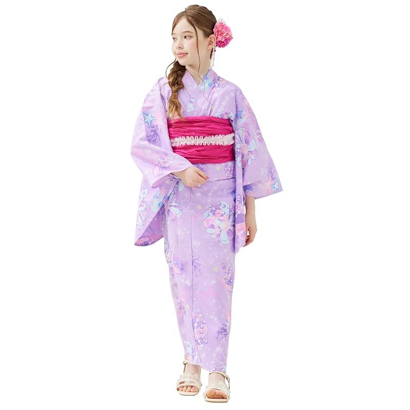 【新品】 [アリサナ] 浴衣 こども 女の子 子供 (浴衣+腰紐+帯の4点セット) 貝がらラベンダー 150cm