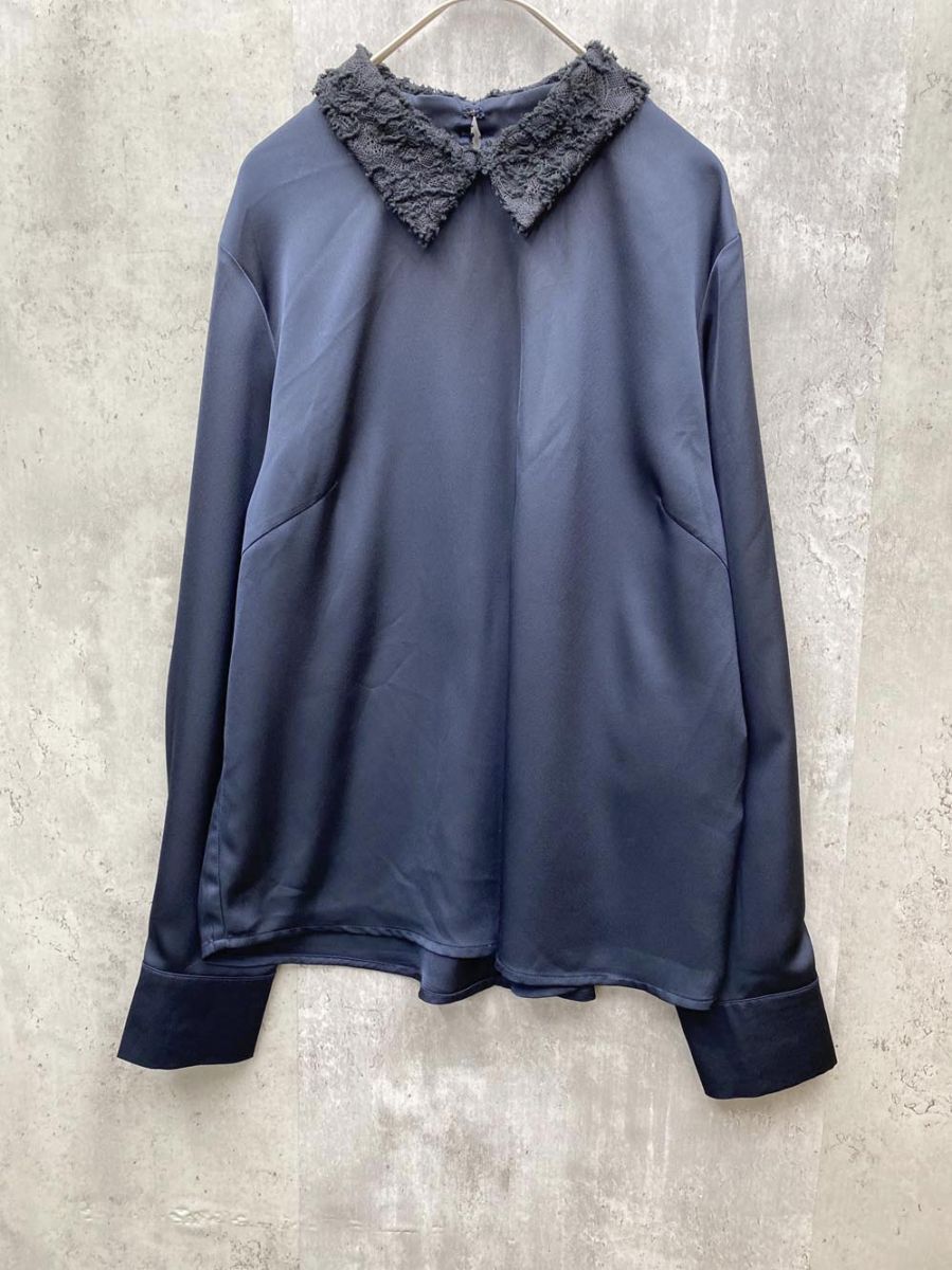 SHIPS any シップスエニィ サテン レースカラー ブラウス シャツ 光沢感 フェミニン 上品 きれいめsizeF/ネイビー ■◆◎レディース