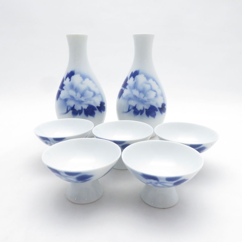美品 Fukagawa Seiji 深川製磁 酒器揃 7点 セット 徳利 酒杯 盃 染付