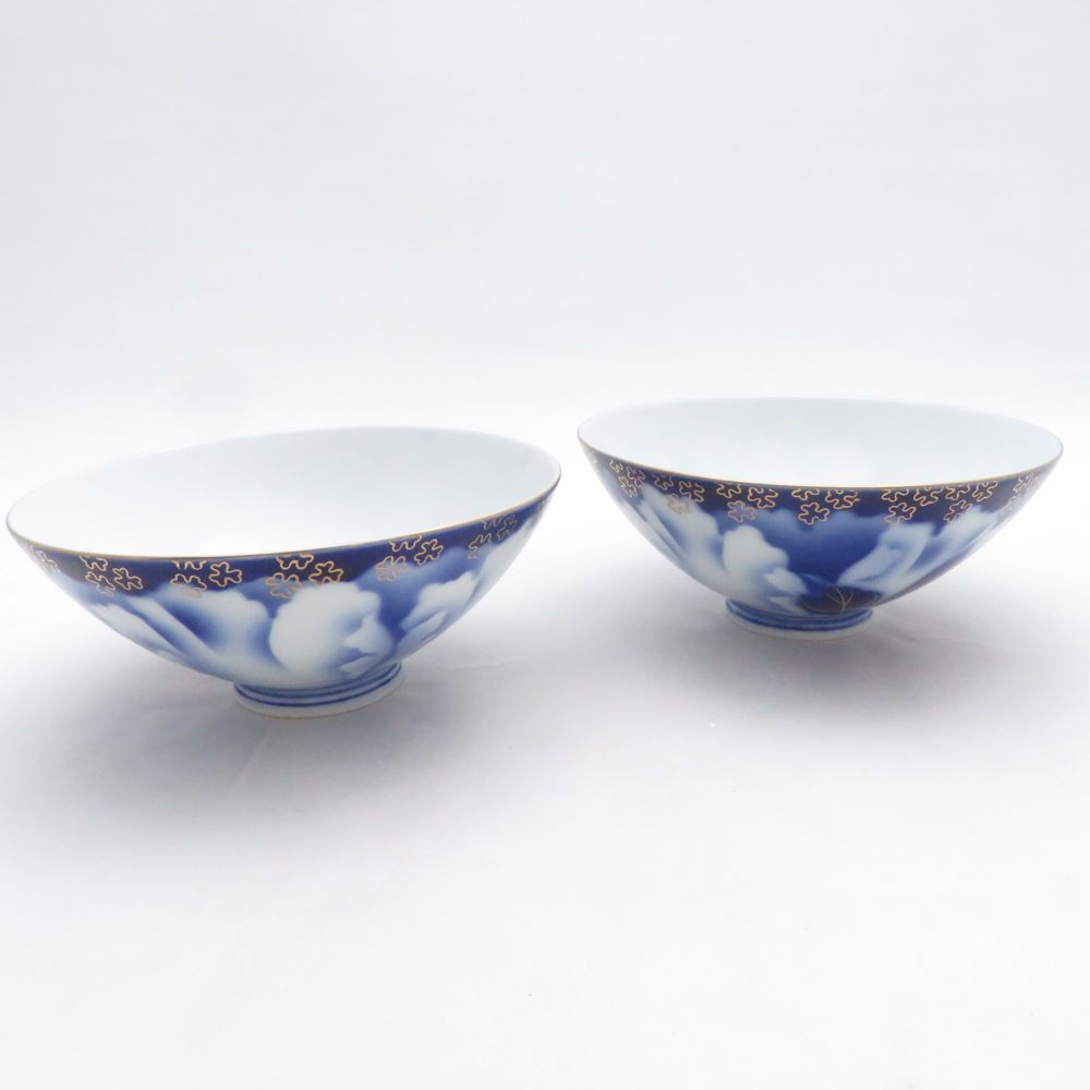 美品 Fukagawa Seiji 深川製磁 牡丹金ミル 飯碗 2点 ペア 夫婦茶碗