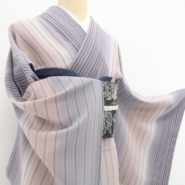新品・夏小紋】夏単衣 縦縞 夏着物 正絹 仕付け糸付 トールサイズ