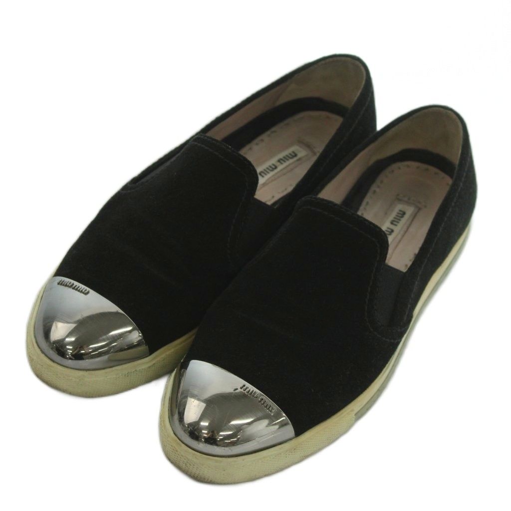 miu miu ブラック スリッポン メタリックトゥ ミュウミュウ miumiu スリッポン メタリックトゥキャップ 36.5 23.5cm