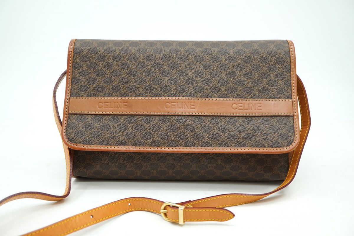 セリーヌ ヴィンテージ マカダム 2way ショルダー バッグ クラッチ ロゴ PVCレザー 茶 ブラウン CELINE 7168h