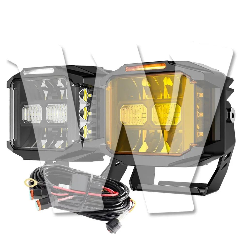 【5インチ 三面発光 122W】LEDワークライト 2個セット Aピラー 20600LM 拡散・狭角切替 スポットライト ホワイト/アンバーカバー付属 スイッチ配線付き 12V/24V兼用 防水 高輝