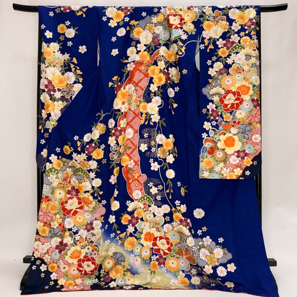 振袖 中古 青 正絹 古典 裄67.5cm 身丈179cm 美品 L サイズ 成人式 6169