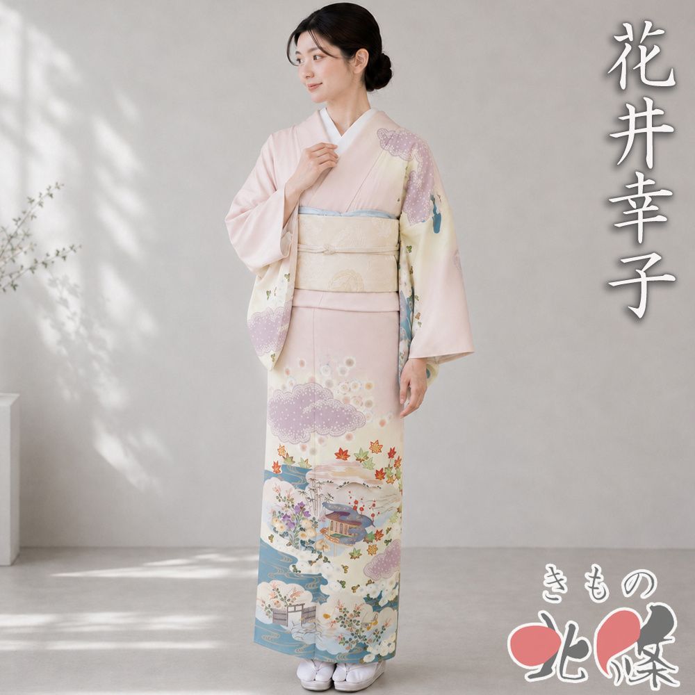 夏物 夏着物 訪問着 着物 中古 正絹 紬地 花井幸子 落款 花の図 秋草 御所染色 多色 金 身丈156.5cm 裄63cm M きもの北條 A1392-1