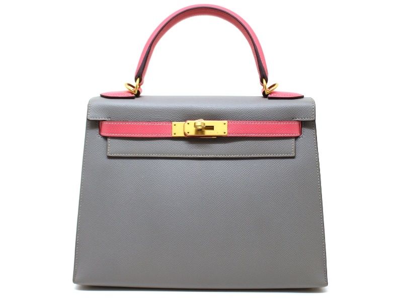 HERMES エルメス ケリー28 ショルダーバッグ ヴォーエプソン/GP グレー ピンク C刻印 2018年　外縫い パーソナルオーダー 【中古】【200】