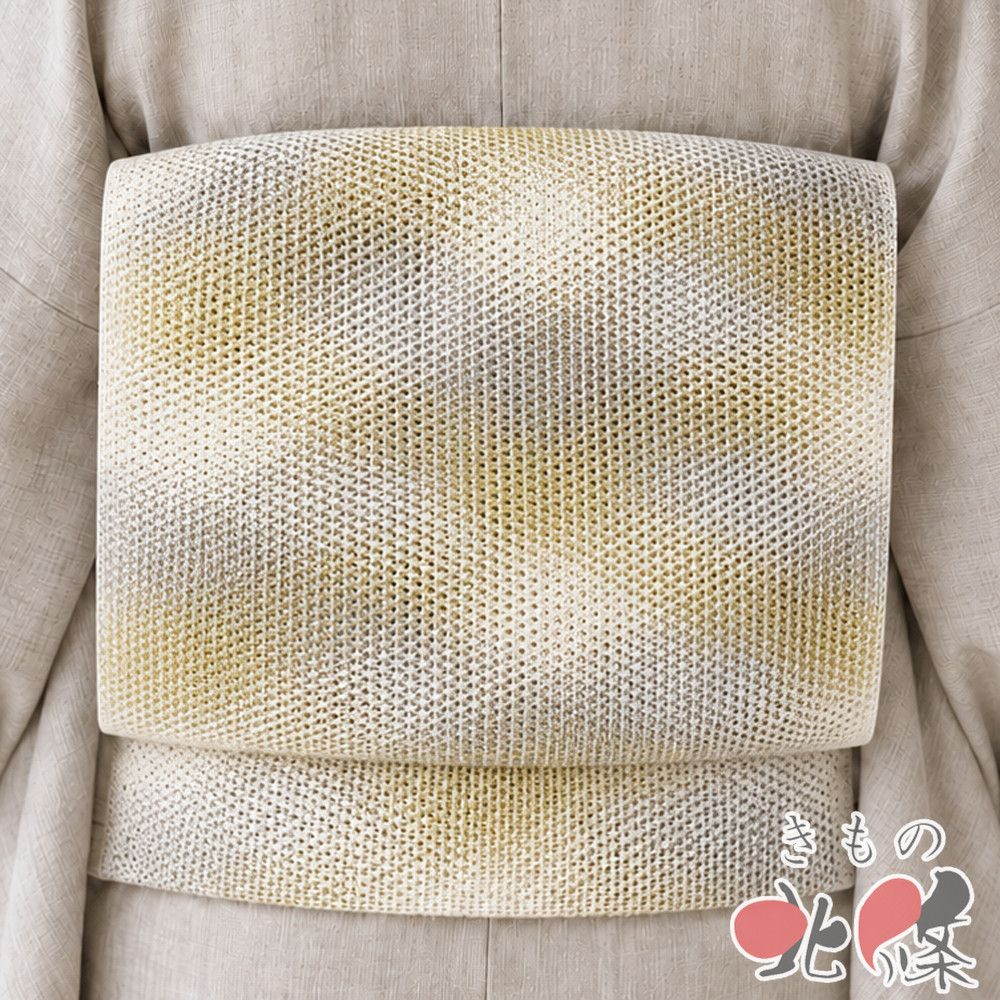 夏物 夏帯 名古屋帯 なごや帯 八寸 中古 リサイクル 正絹 羅 カジュアル 全通 象牙色 鉛色 櫨染色 きもの北條 A1392-18