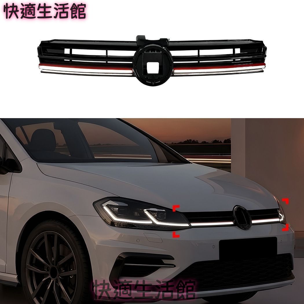 Volkswagen ゴルフ7.5 MK7.5 2017-2019年対応 フロントグリル LEDライト付き ピアノブラック ABS製 外装アクセント gzj714