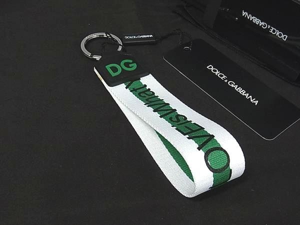 ■極美品■ DOLCE＆GABBANA ドルチェ&ガッバーナ ナイロン キーホルダー キーリング チャーム グリーン系×ホワイト系 BR3953