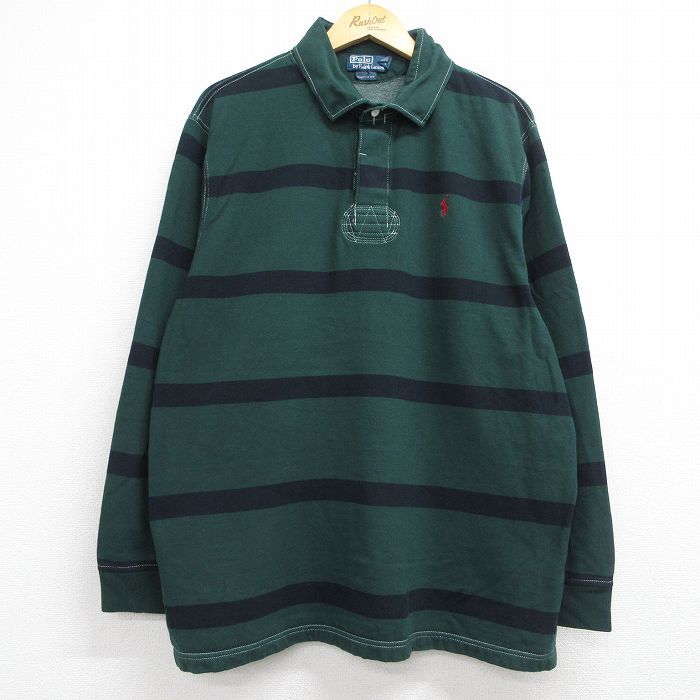 XL/古着 ラルフローレン 長袖 ブランド ラガー シャツ メンズ 90年代 90s ワンポイントロゴ 大きいサイズ グリーン ボーダー 26jul01