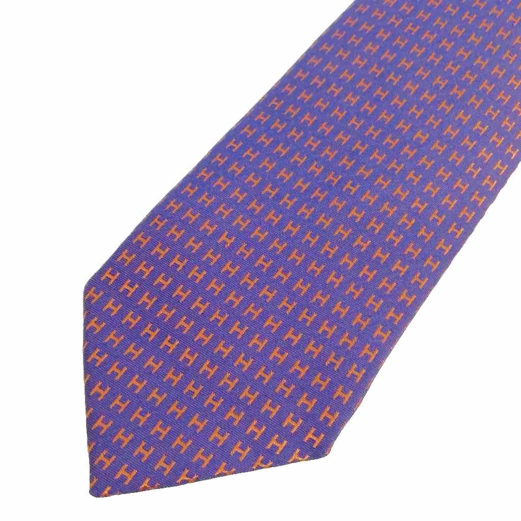 エルメス HERMES CRAVATE FACONNEE H 8.0CMS ファソネ H柄 シルク ネクタイ パープル オレンジ
