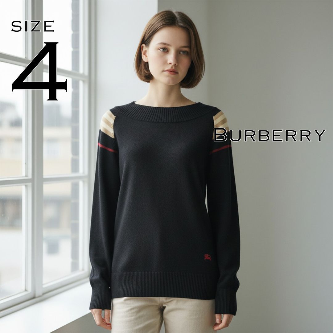 【レア】BURBERRY LONDONバーバリーロンドン ボートネック 肩ライン切替 ウールニット セーター ホースマーク刺繍 三陽商会 正規品 4(L) 黒ブラック 【古着】【中古】【送料無料】