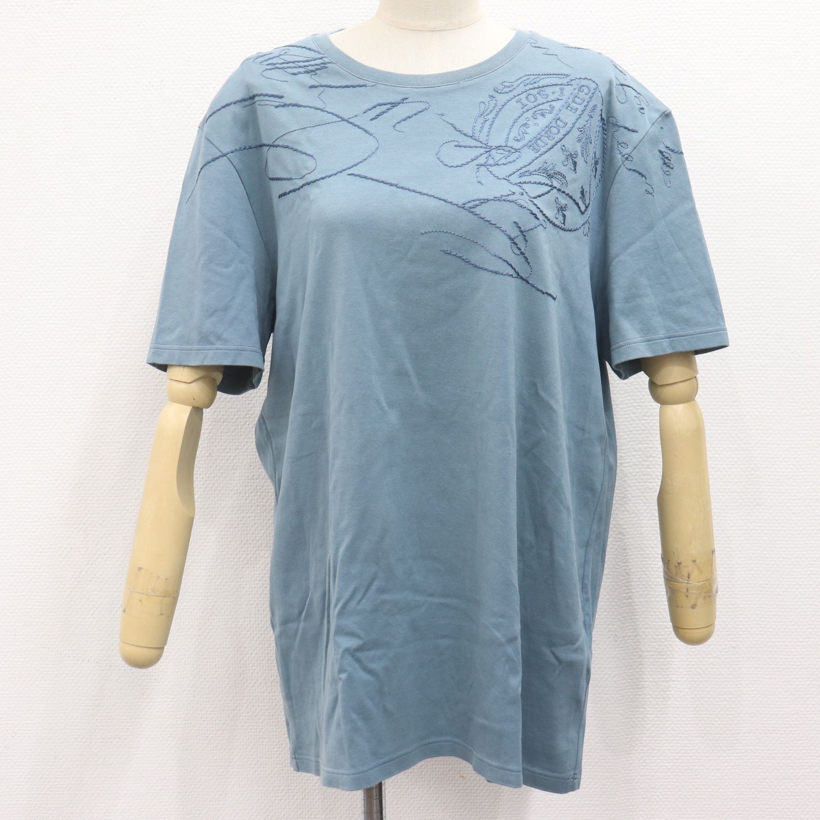 ITOQX54TRWK2 国内正規 BERLUTI ベルルッティ カリグラフィ 刺繍 Tシャツ サイズL ブルー メンズ トップス 半袖 綿 コットン