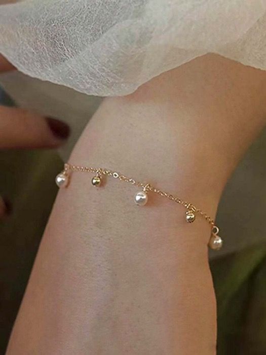 ジュエリー レディース ブレスレット ビーズブレスレット 1個 925スターリングシルバー ファッショナブルエレガントジオメトリックフェイクパールチェーンブレスレット、女性の日常着、友人会、ギフトに適しています