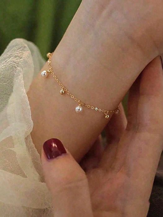 ジュエリー レディース ブレスレット ビーズブレスレット 1個 925スターリングシルバー ファッショナブルエレガントジオメトリックフェイクパールチェーンブレスレット、女性の日常着、友人会、ギフトに適しています