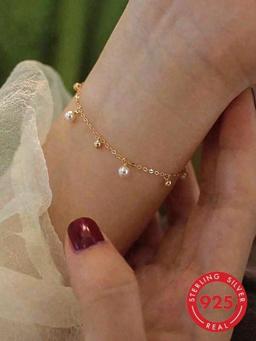 ジュエリー レディース ブレスレット ビーズブレスレット 1個 925スターリングシルバー ファッショナブルエレガントジオメトリックフェイクパールチェーンブレスレット、女性の日常着、友人会、ギフトに適しています
