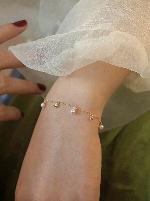 ジュエリー レディース ブレスレット ビーズブレスレット 1個 925スターリングシルバー ファッショナブルエレガントジオメトリックフェイクパールチェーンブレスレット、女性の日常着、友人会、ギフトに適しています
