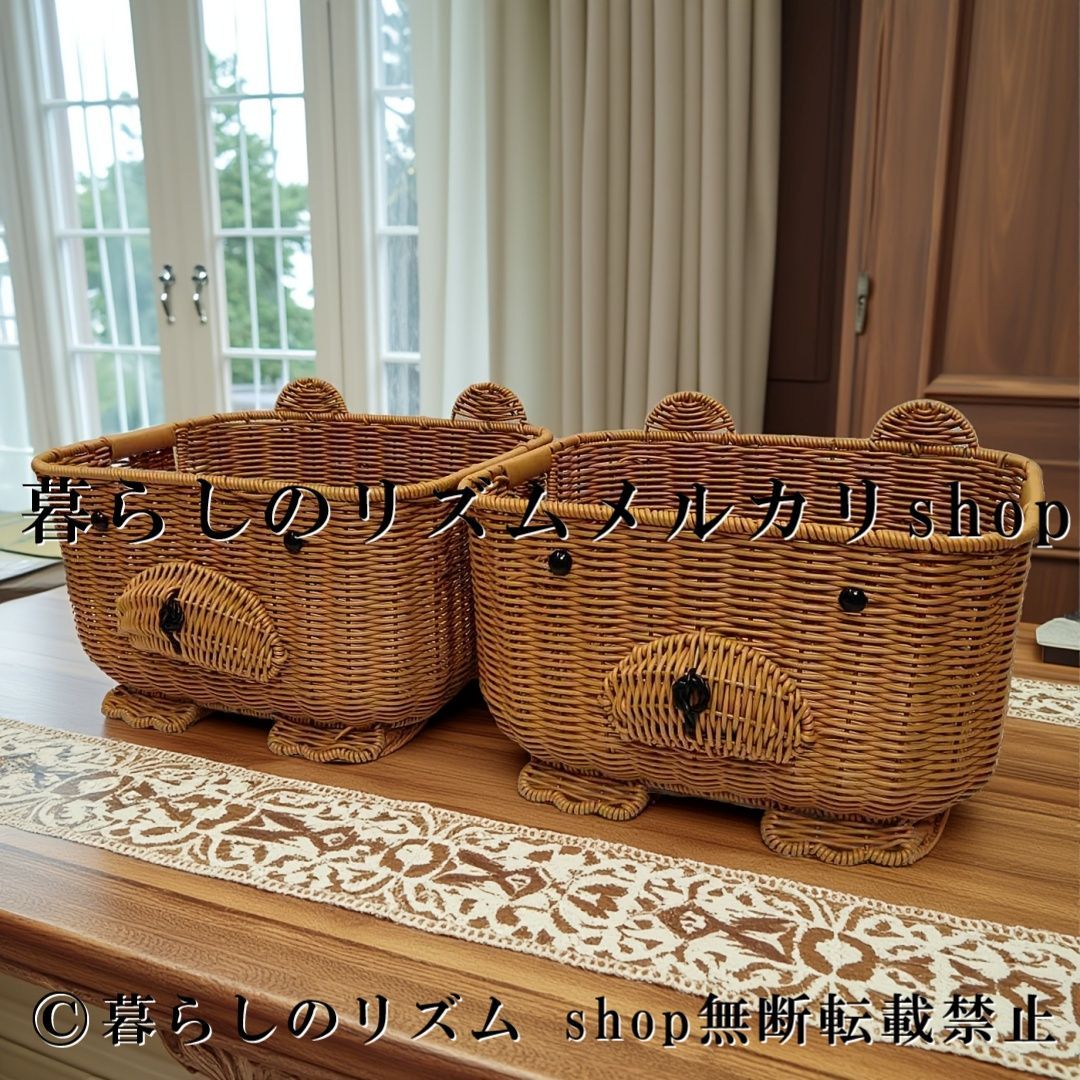 手編み ベア 収穫バスケット 2個セット 収納バスケット ギフトバケツ フラワーバスケット かごバッグ風 小物収納 ガーデンバスケット キャンプ アウトドア パーティー 装飾バスケット ハンドメイド風 ナチュラル インテリア雑貨 花入れ 植物入れ 玄関