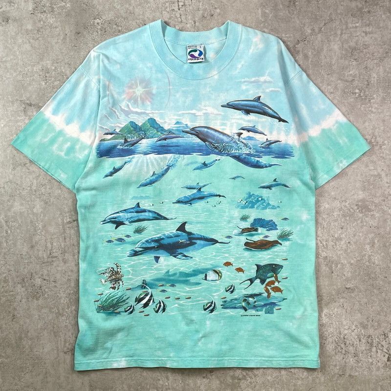 90年代 USA製 LIQUID BLUE リキッドブルー アートプリント Tシャツ メンズL 古着 90s 1996 VINTAGE ヴィンテージ シングルステッチ アニマル イルカ クジラ 総柄 ターコイズブルー 6,080円
