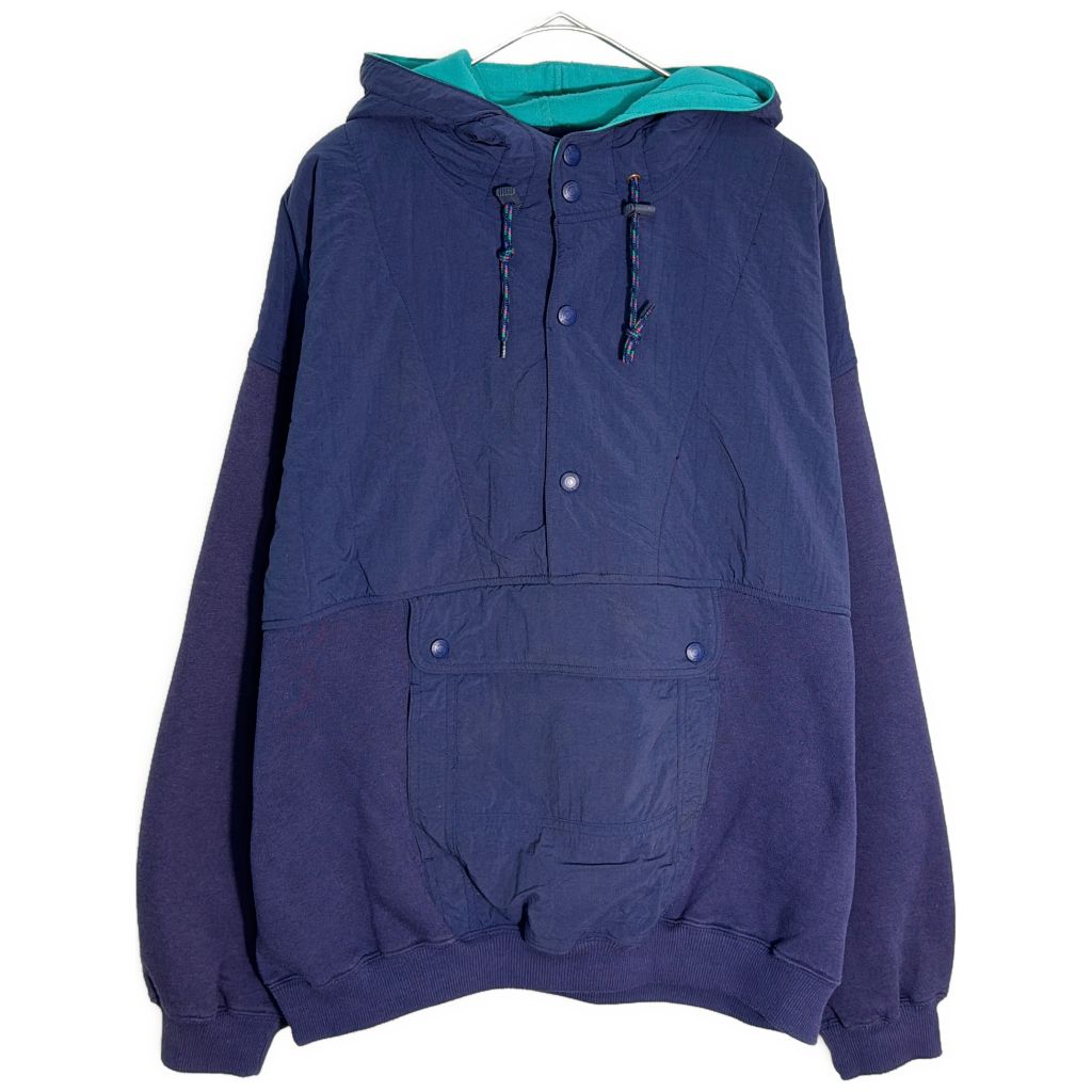 90年代 Eddie Bauer エディーバウアー ナイロン切り替え スウェットパーカー アウトドア ネイビー(メンズ XL)中古 古着 Y5618