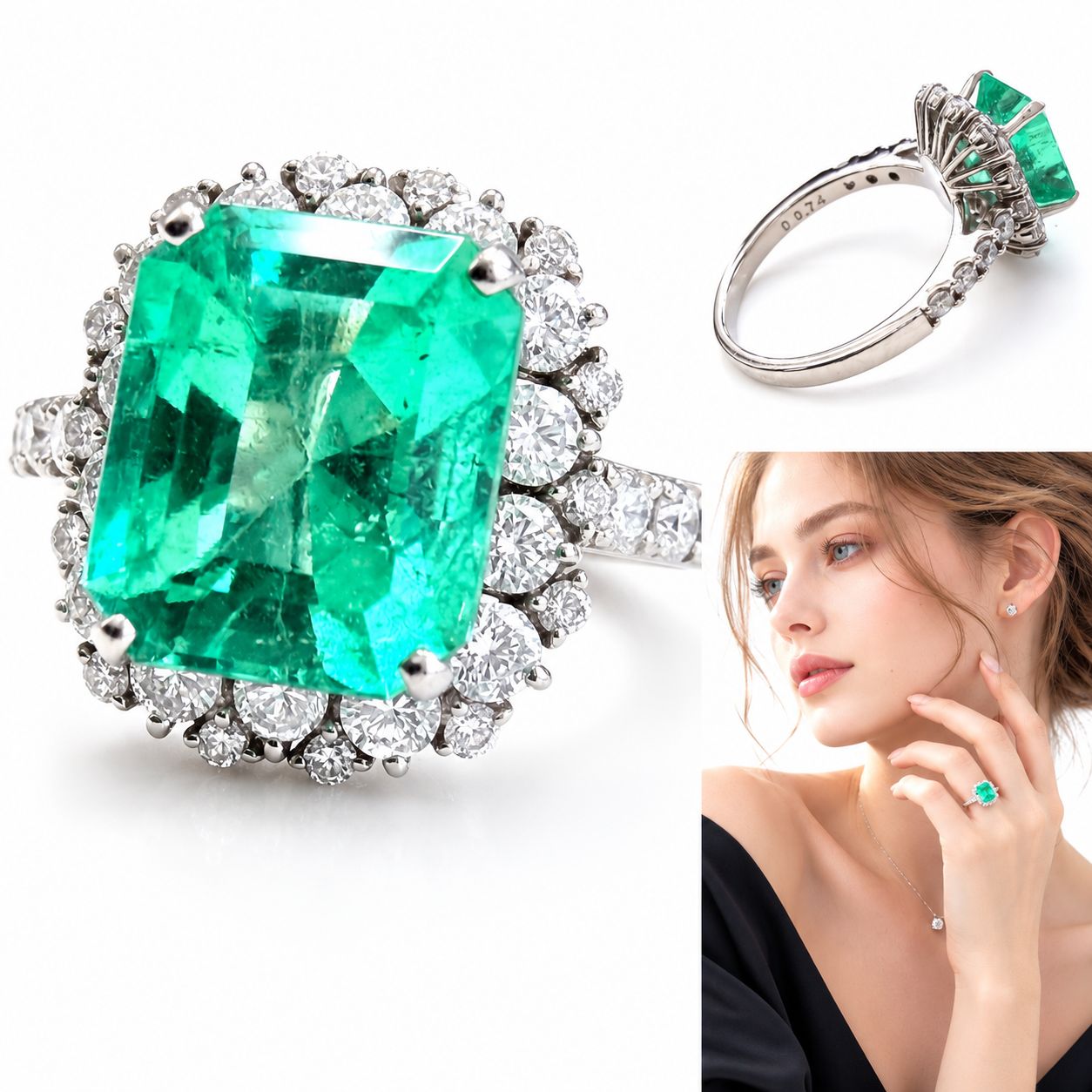 希少　エメラルド ダイヤモンド リング　2.695ｃｔ　0.74ｃｔ　PT900　プラチナ　指輪　9.5号　5.8g　鑑別書付き　大粒　ダイヤ　メレダイヤ