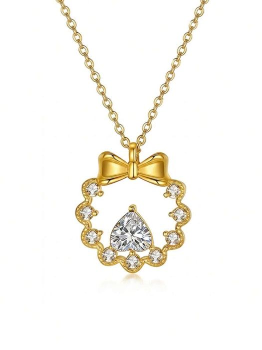 ジュエリー レディース ネックレス ペンダントネックレス 925スターリングシルバー ゴールドリボンハートペンダントネックレス、女性に使いやすいジュエリー、彼女、妻、母への誕生日、記念日のギフトに