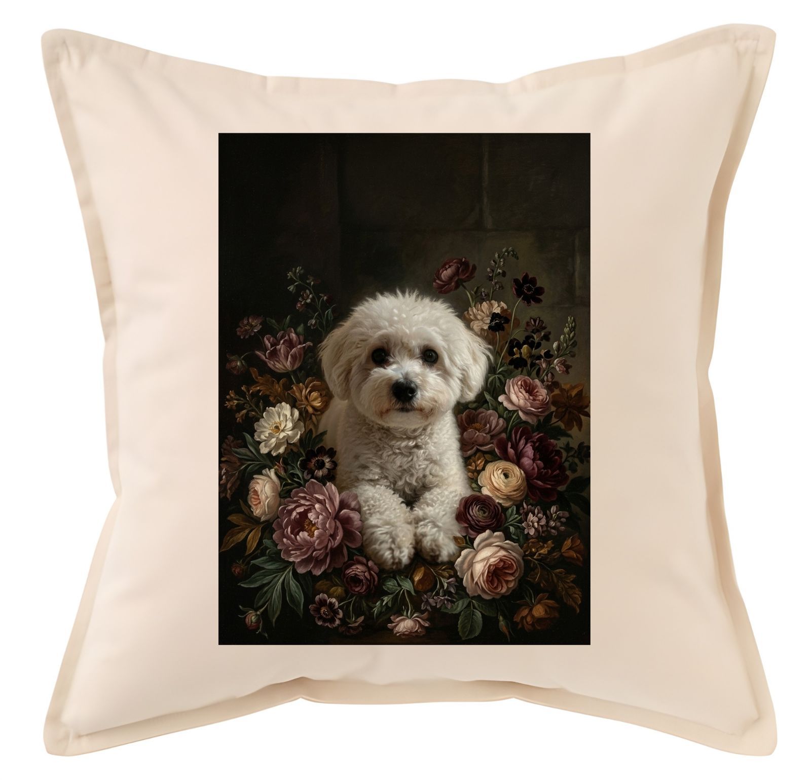 犬（ビションフリーゼ）クッション 45cm 花の油絵風アート フルカラー