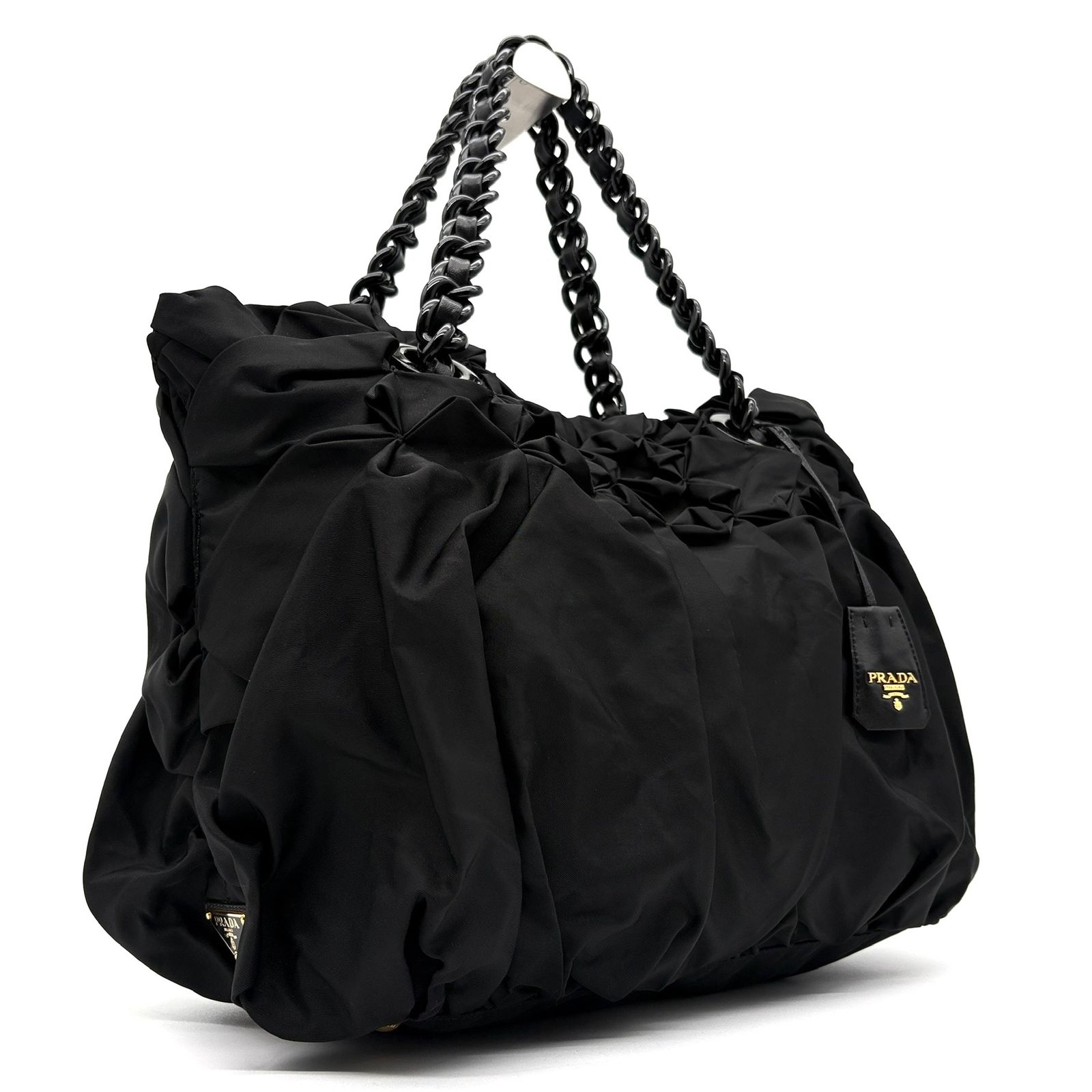 極美品 プラダ PRADA トートバッグ ワンショルダー フリル ギャザー プラスチックチェーン 三角ロゴ 白タグ ナイロン ブラック 黒 A4 大容量 夏休み 帰省 お盆 敬老の日 シルバーウィーク 秋 ギフト ご褒美 レディース 36,270円