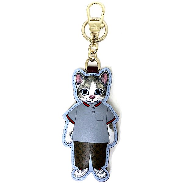 グッチ GUCCI 日本限定 ヒグチユウコ 猫（Boris）キーチェーン バッグチャーム ボリス 851742 ベージュ ライトブルー 【中古】Sランク