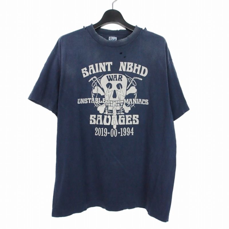 セントマイケル SAINTMICHAEL × ネイバーフッド NEIGHBORHOOD 25SS STHD. SS TEE SAINT NBHD ダメージ加工 フロントプリント クルーネック半袖 Tシャツ カットソー M ネイビー 紺