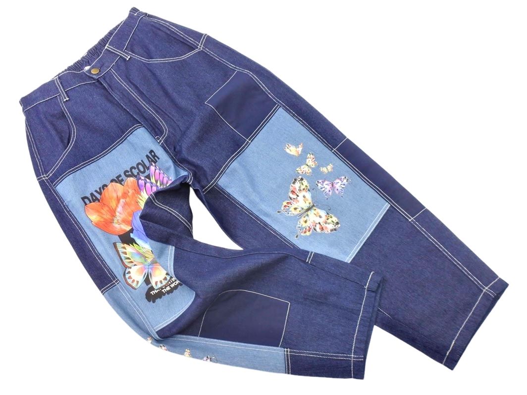 美品 scolar スカラー ユーズドデニム風パッチワーク ペインターパンツ scolar スカラー パッチワーク プリント ワイド デニムパンツ sizeM/紺