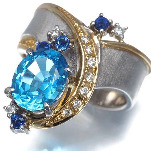 Ishikawa Nobuko Ring Topaz 3.11 CT Diamond 0.14 CT Sapphire 15 K18YG/PT900 #197274