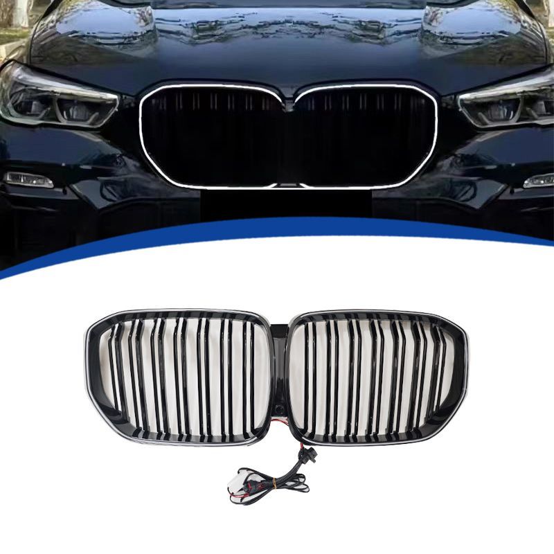 BMW X5 G05 2019-2022対応 フロントLEDグリル 発光タイプ グロスブラック ABS製 無加工取付 フロントフェイス 外装アクセント
