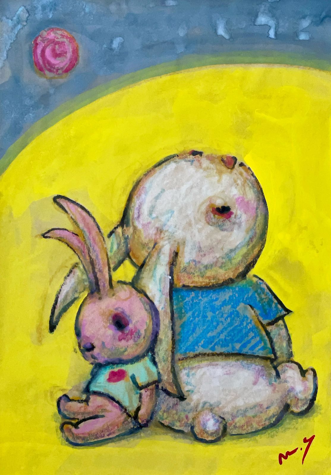高野学 原画「moon and rabbit」SM号 高野マナブ 原画｜[月に2人だけ] Drawing A4 アクリル 一点物 高野学