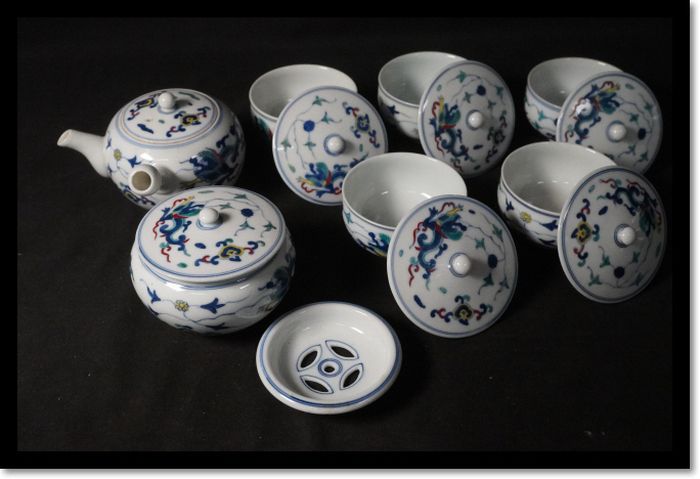 煎茶道具 茶器 急須 三彩 龍紋 茶道具 急須 茶碗 京焼 在銘 蓋付き
