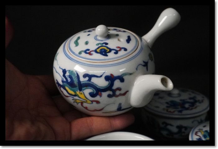 煎茶道具　京焼 龍文注廻し急須 煎茶道具 茶器 急須 三彩 龍紋 茶道具 急須 茶碗 京焼 在銘 蓋付き
