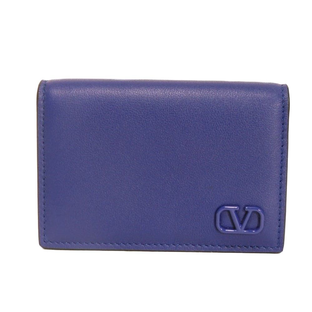 VALENTINO ヴァレンティノ ミニ Vロゴ シグネチャー カードホルダー カーフ スナップボタン 二つ折り コンパートメント マチ付き パスケース 名刺入れ RFID ICチップ 美品 Vマーク ネイビーブルー カードケース 2Y2P0U14ZQU