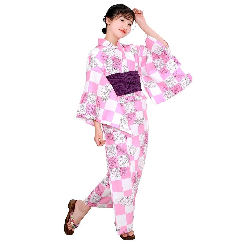[KYOETSU] [キョウエツ] 浴衣セット 女の子 変わり織 生成り 3点セット(浴衣、兵児帯、下駄) ガールズ ジュニア (3.市松に扇面, 130cm)