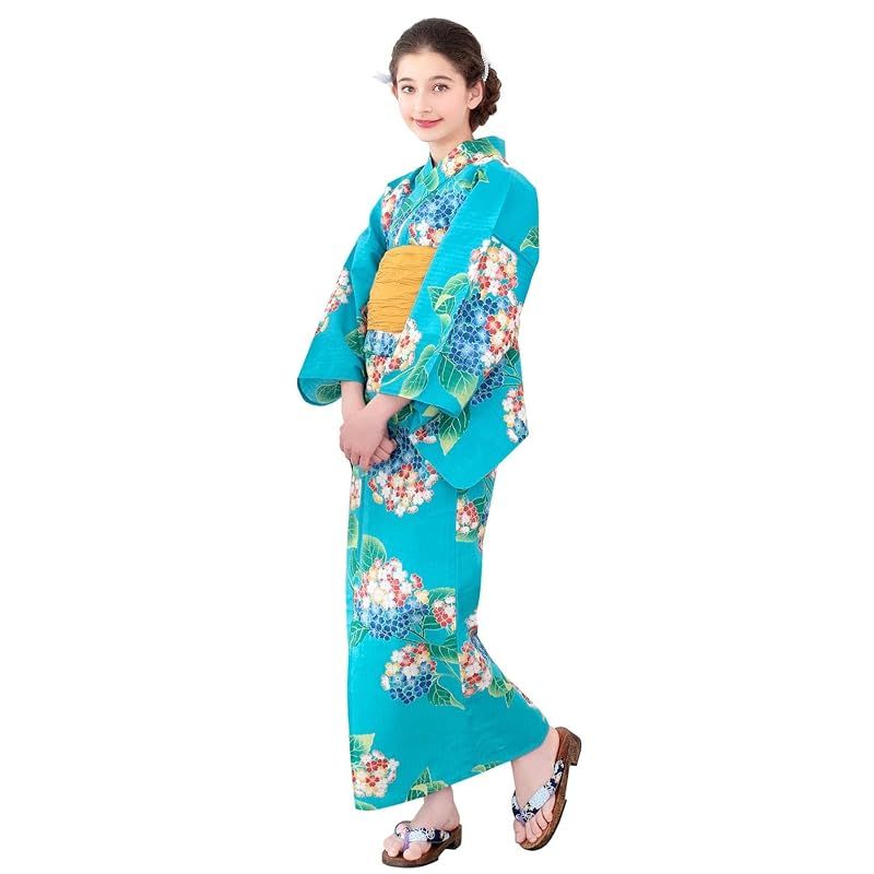 [KYOETSU] [キョウエツ] 浴衣セット 女の子 変わり織 生成り 3点セット(浴衣、兵児帯、下駄) ガールズ ジュニア (2.夏空に紫陽花, 120cm)