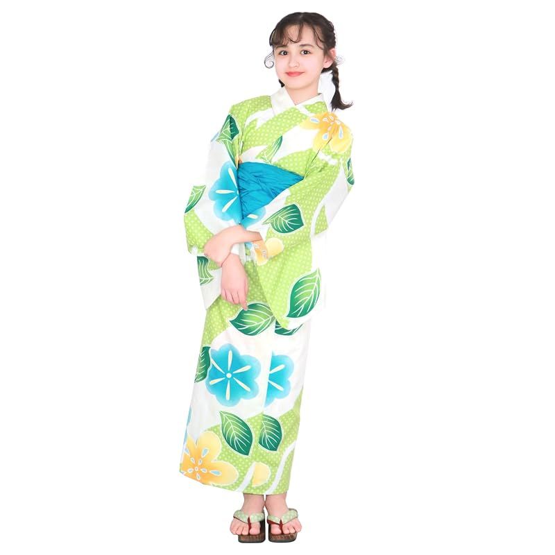 [KYOETSU] [キョウエツ] 浴衣セット 女の子 変わり織 生成り 3点セット(浴衣、兵児帯、下駄) ガールズ ジュニア (8.花散る里をたづねて, 130cm)