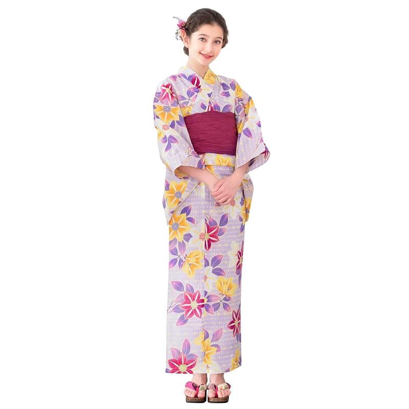 [KYOETSU] [キョウエツ] 浴衣セット 女の子 変わり織 生成り 3点セット(浴衣、兵児帯、下駄) ガールズ ジュニア (5.甘い束縛, 110cm)